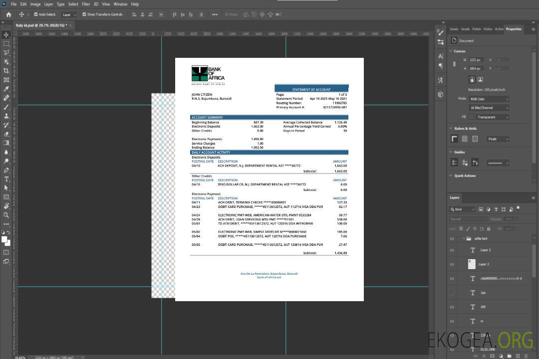 Relevé bancaire de la Bank of Africa du Burundi template